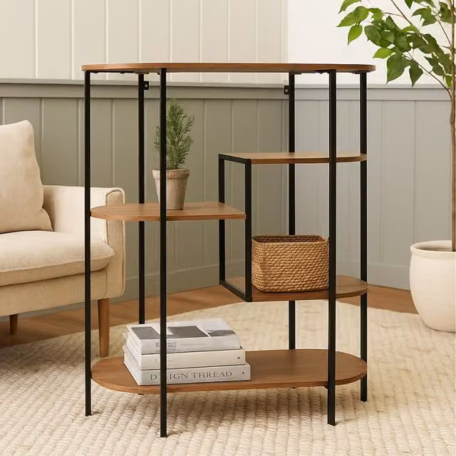 Gr8 Home Oval Geometric Display Bookcase and Storage Shelving Unit in Black and Brown, H 95.0 x W 76.0 x D 30.0 cm