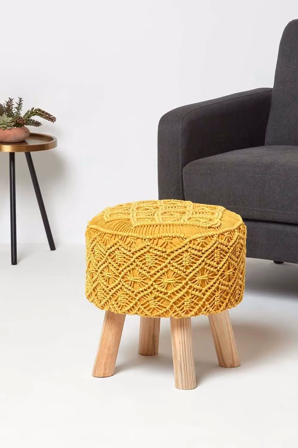 Homescapes Willow Macrame Footstool in Yellow with Cotton and Wood – 2