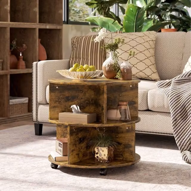HOMCOM 2 Tier Round Side End Table in Brown Rustic MDF