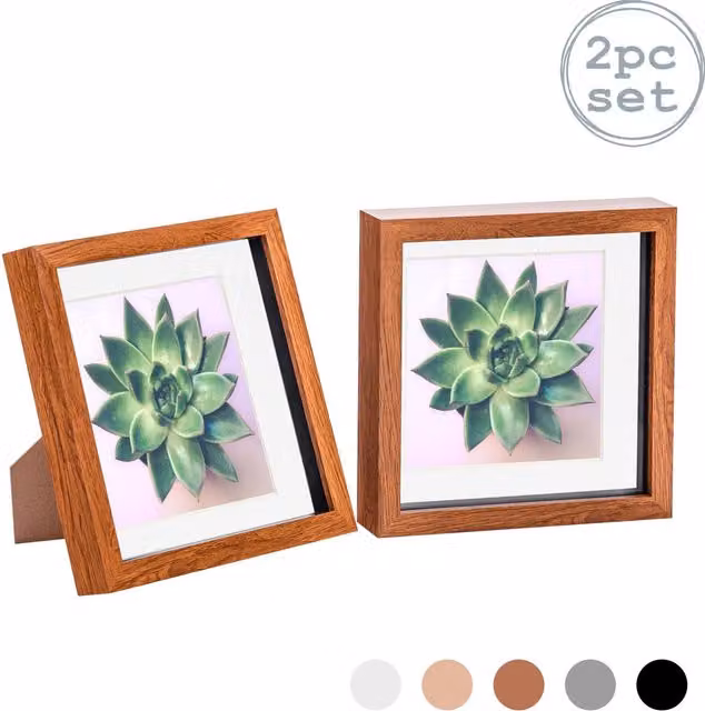 Nicola Spring Pack of 2 Square 3D Box Photo Frames in Brown and White, W/D/H: 20.32 x 20.32 x 20.32 cm