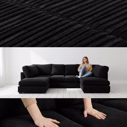 Bliss Furniture Jumbo Cord U-Shape Modular Sofa in Grey and Black with Removable Covers and Solid Birch Wood Frame – 6