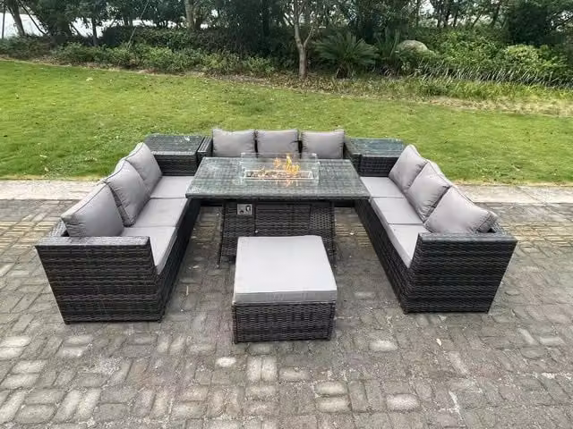 Fimous 10 Seater Rattan Outdoor Furniture Set with Gas Fire Pit Table and Stools in Dark Grey – 1