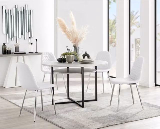 FurnitureboxUK Adley Grey Concrete Effect Round Dining Table and 4 Corona Silver Chairs in White