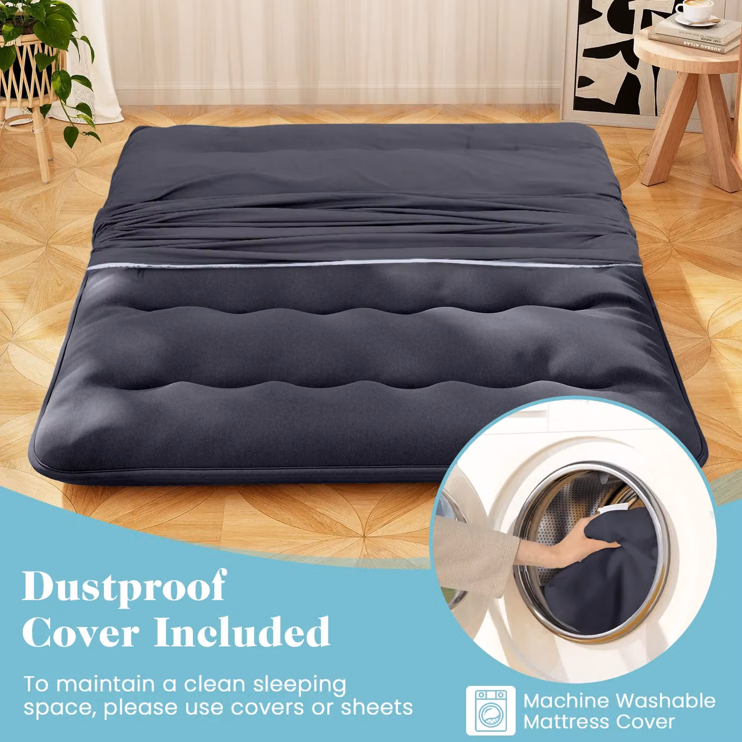 Gymax Queen Size Roll Up Floor Mattress and Tatami Mat in Black, W: 150 cm x L: 200 cm – 6