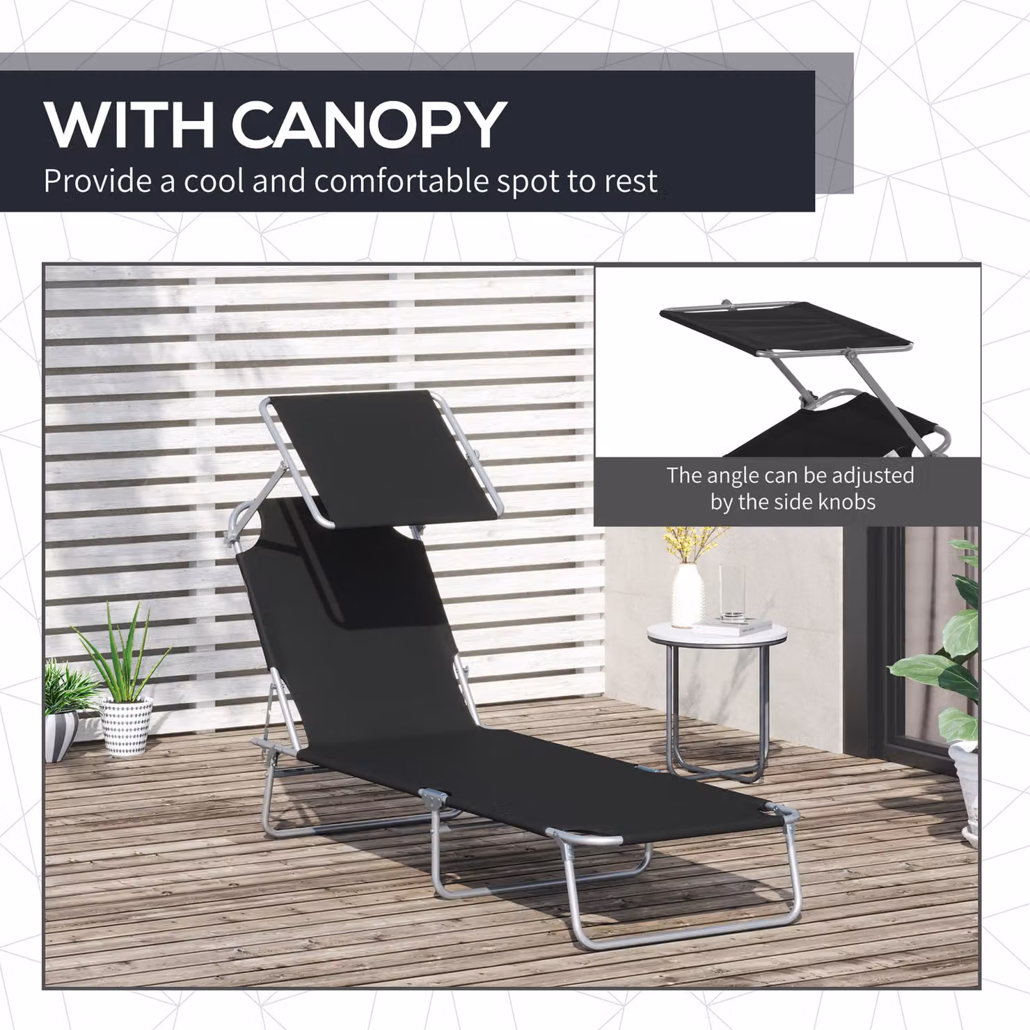 Outsunny 2 Piece Black Outdoor Foldable Sun Lounger Set with Removable Shade Canopy and Adjustable Backrest in Textilene Fabric – 6