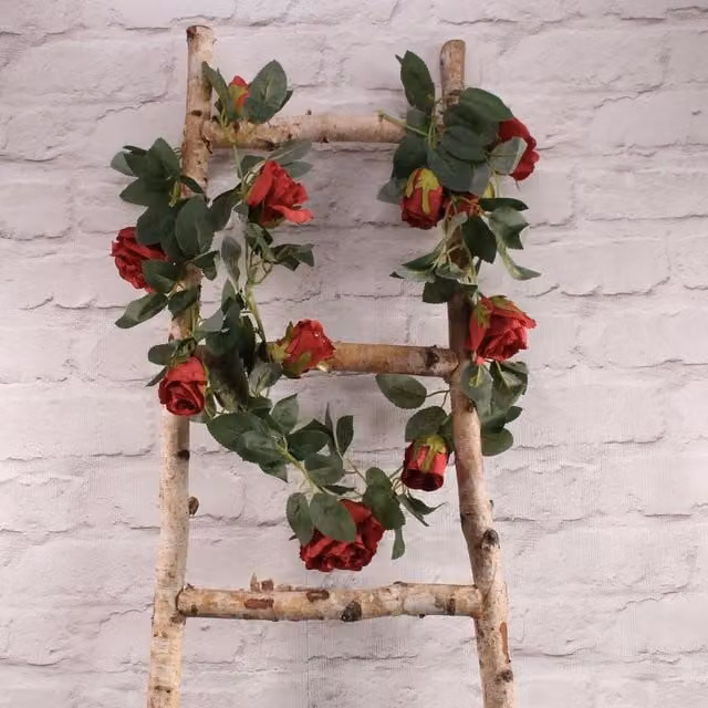 Kingsbury Gifts Red Artificial Silk Rose Garland with Green Foliage