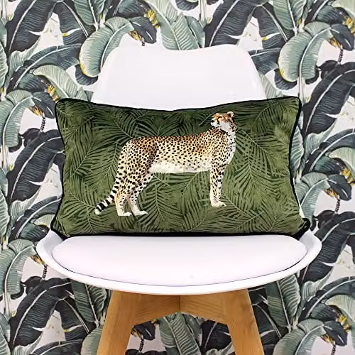 Riva Paoletti Cheetah Forest Filled Cushion in Green with Palm Leaf Design and Velvet Feel Fabric, W: 50 cm, H: 30 cm – 3