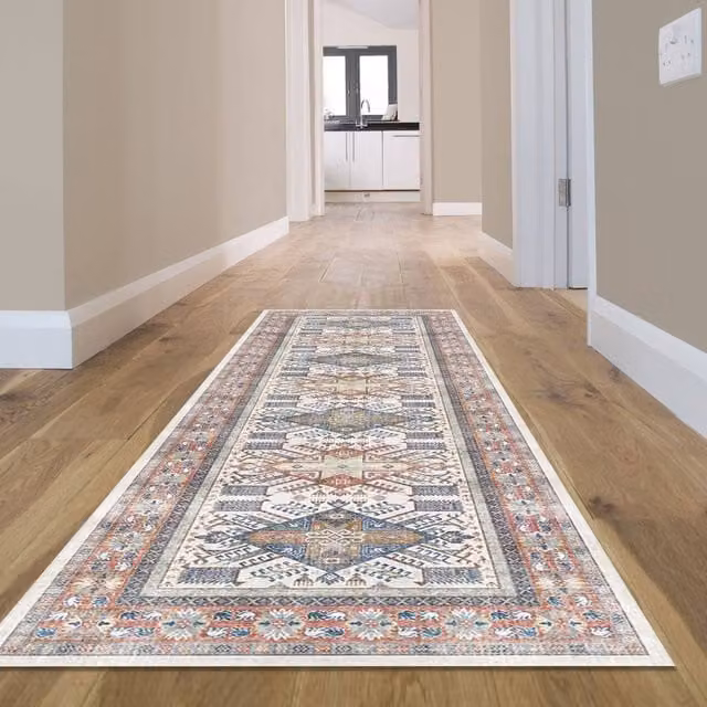 The Rug Shop UK Blue Bordered Floral Traditional Machine Woven Stain-Resistant Polyester Rug, W: 120 cm, D: 170 cm