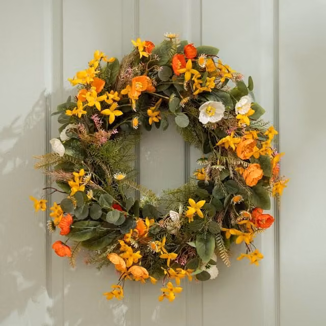 Scottish Everlastings Ltd Rustic Forsythia and Poppy Floral Wreath in Yellow, Red and Green, Diameter: 60 cm – 1