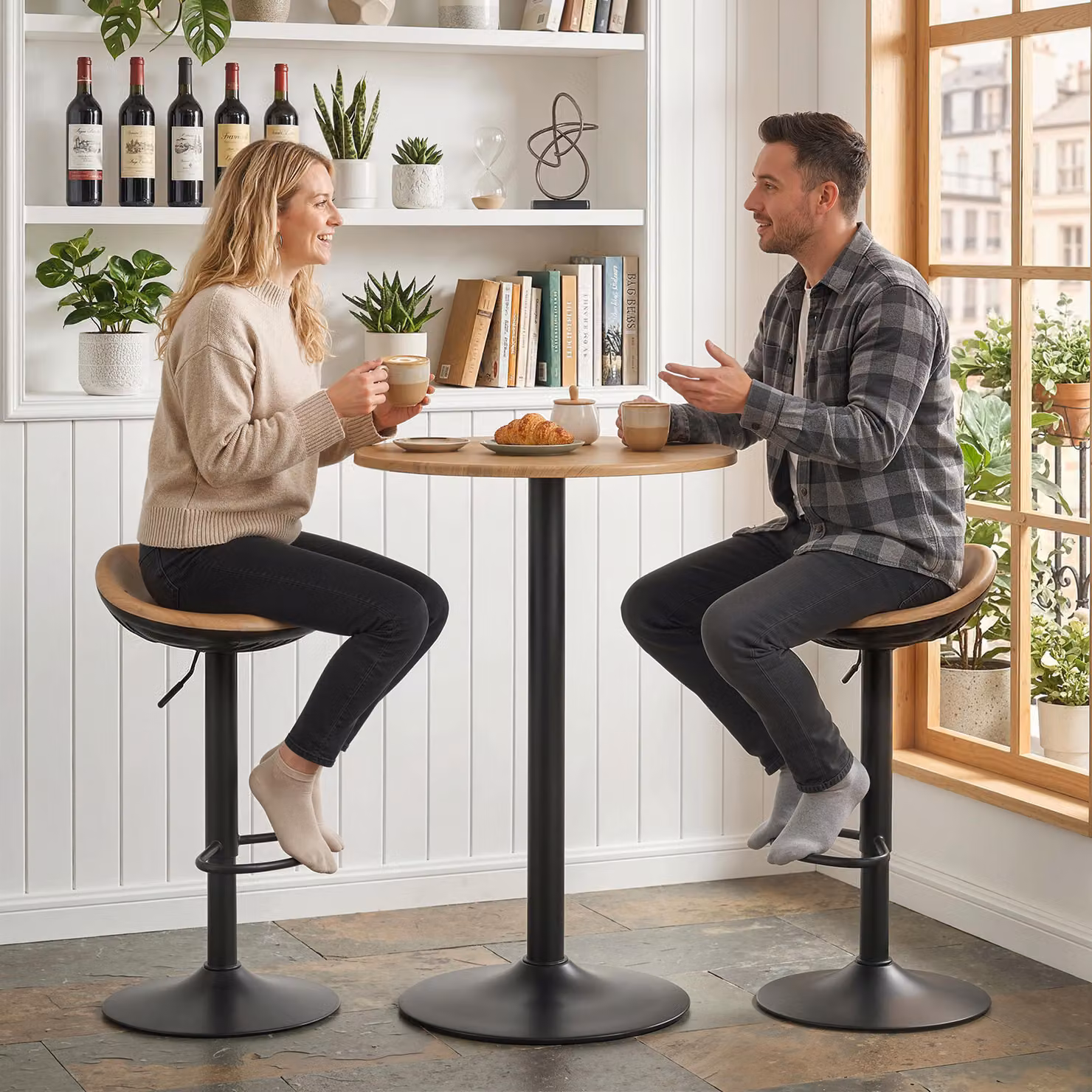 HOMCOM Set of 2 Brown PU Leather Barstools with Saddle Seats, Height Adjustable Swivel Kitchen Chairs and Footrests in Oak Finish – 6