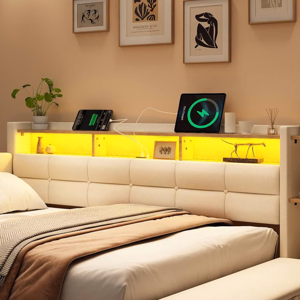 BTM 4ft6 Double Bed with LED Under-Bed Lighting, USB Type C Charging Ports and Storage Drawers in Beige Linen – 4