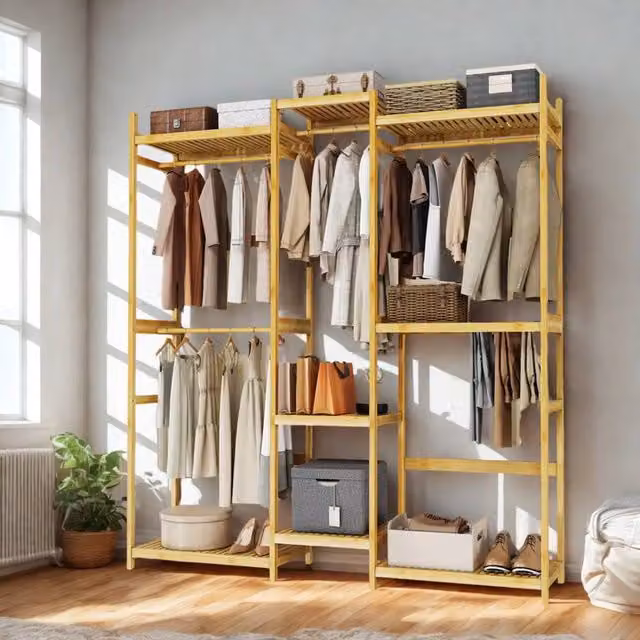 Pirlo Plush Large Wooden Clothes Rack Open Wardrobe with Storage Shelves in Beige – 1