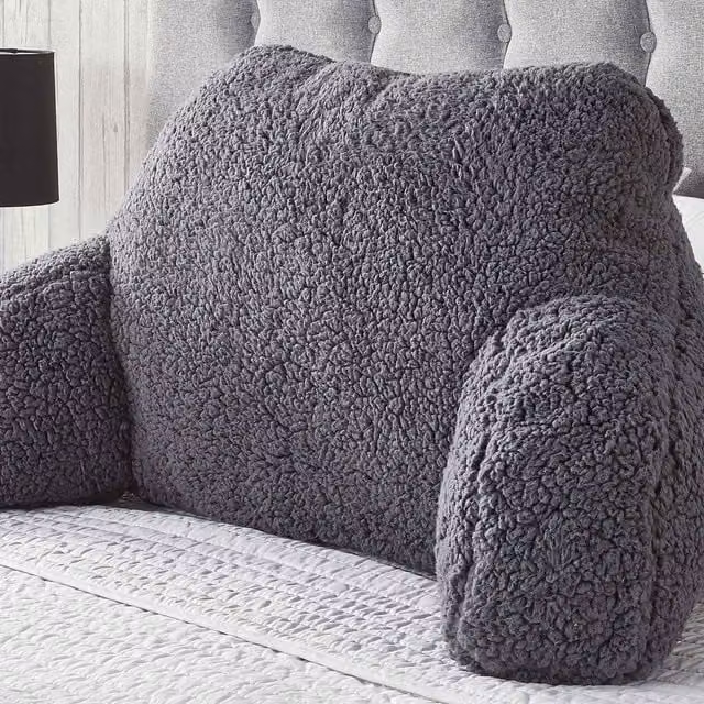 OHS Teddy Fleece U-Shaped Bed Reading Cushion with Lumbar Support and Arms in Grey – 1