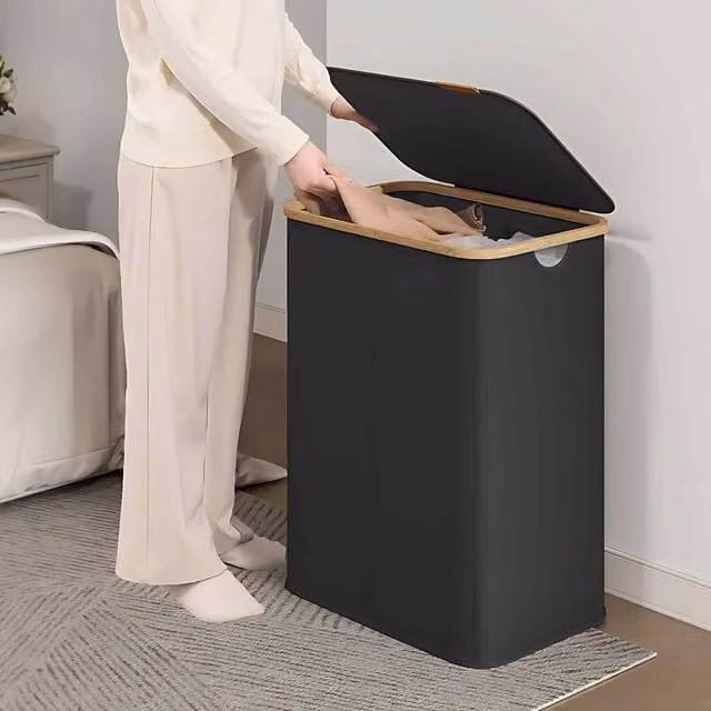 The Bazaarist Double Laundry Hamper with Lid, Bamboo Frame, Jet Black – 1