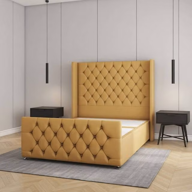 Regional Furnishings Plush Velvet Divan Bed Set in Mustard Yellow, King Size, W/D/H: 180 x 200 cm