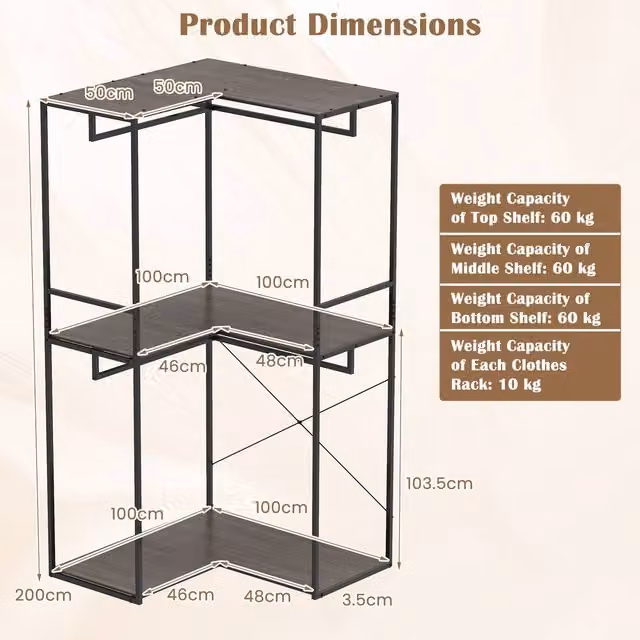 Costway L-shaped Wooden Corner Coat Rack with Metal Clothes Rail in Black – 1