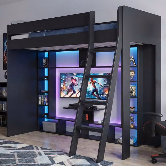 Noa and Nani Leo High Sleeper Cabin Bed with Gaming Den and Storage in Black and Grey