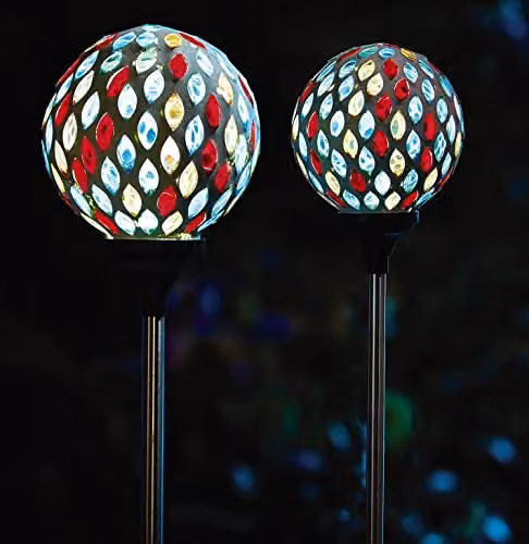 mysmartbuy Solar Mosaic Globe Stake Lights, 2 Pack, Multicolour Stainless Steel and Glass Garden Lighting, H75 x W9 cm – 3