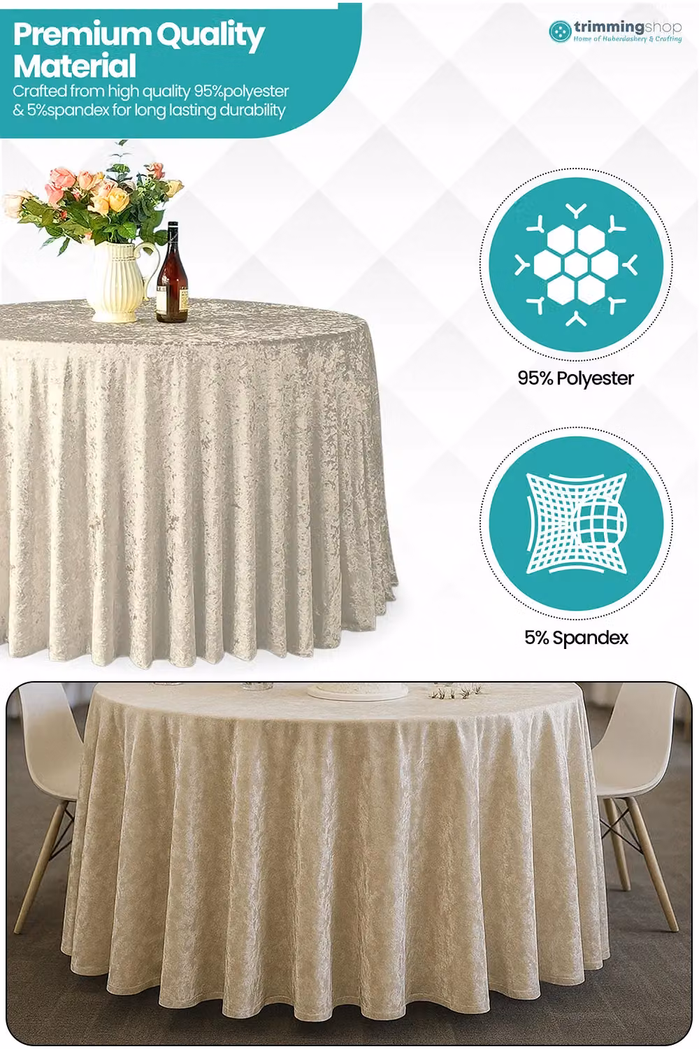 Neel Blue Diamond Velvet Round Tablecloth in White, Diameter: 228.6 cm – 2