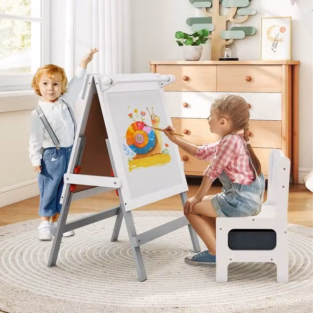 Costway Kids Dual-sided Art Easel with Chair and Whiteboard in Grey