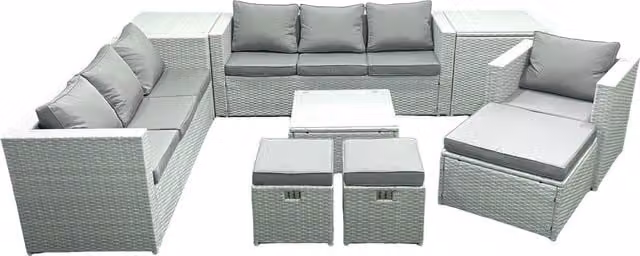 Fimous U-Shape Wicker PE Rattan Garden Furniture Set in Light Grey with Armchair, Coffee Table, 3 Footstools and 2 Side Tables