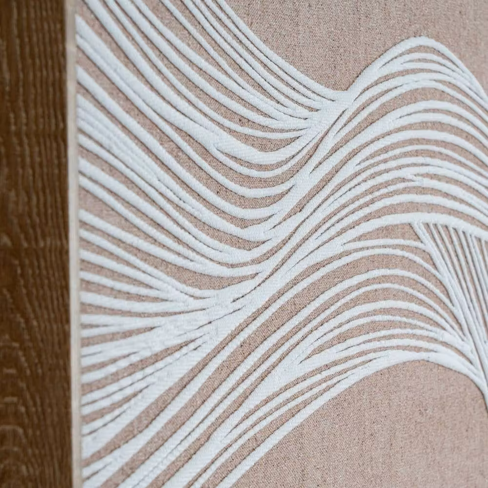 Wyld Haus Naousa Coastal White, Beige and Cream Abstract Line Art Framed Canvas Print in a Brown Wood Frame – 3