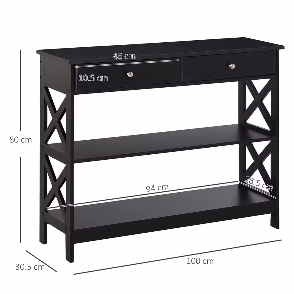 EONLION Black Console Table with Shelves and Drawers, W: 100 cm, H: 80 cm, D: 40 cm – 2