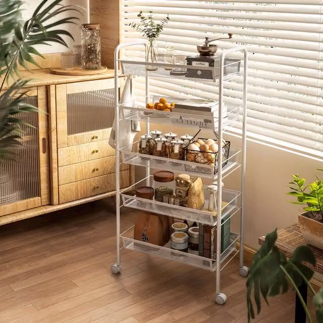 HOMCOM 5 Tier Utility Rolling Cart with Removable Metal Mesh Baskets, White