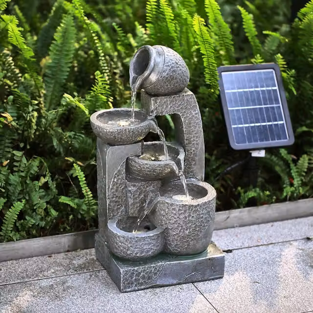 Livingandhome Rock Effect Jar and Bowl LED Solar Water Feature, Grey, Height: 22 cm