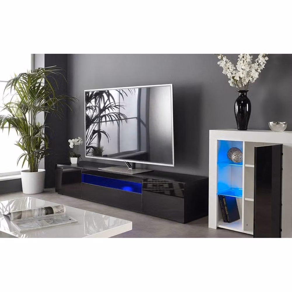 FORGEVIO Modern Black Glossy TV Stand Cabinet with Integrated LED Lights, 200 cm – 3