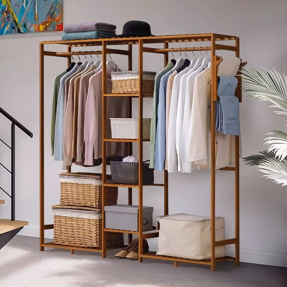 EONLION Brown Wooden Wardrobe Clothes Rail Rack, W/D/H: 153 x 30 x 146.5 cm – 3