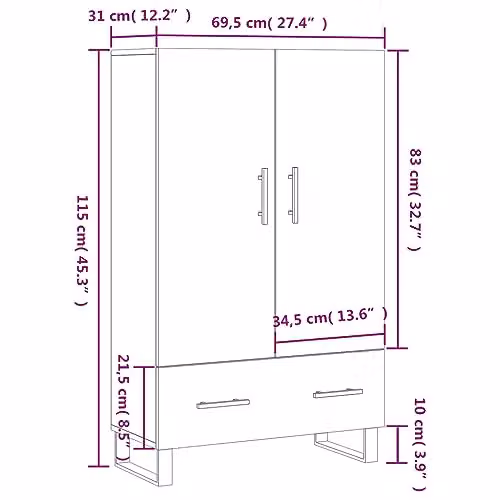vidaXL Modern Highboard in Brown, W/D/H: 69.5 x 31.0 x 115.0 cm – 2