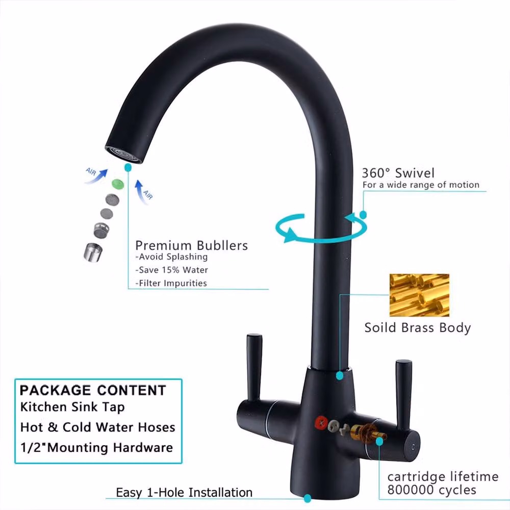 Heable Sleek Dual Lever Kitchen Mixer Tap with Swivel Spout in Matt Black Brass Finish – 2