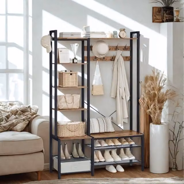 Pirlo Plush Brown Hall Tree Coat Rack Stand with Shoe Storage and Shelves