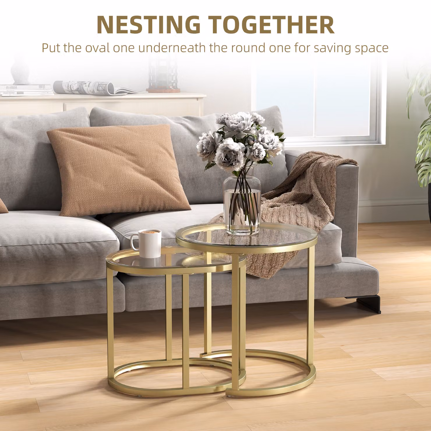 HOMCOM Modern Nest of 2 Round Coffee Tables with Gold Steel Frame and Clear Tempered Glass Tabletop – 3