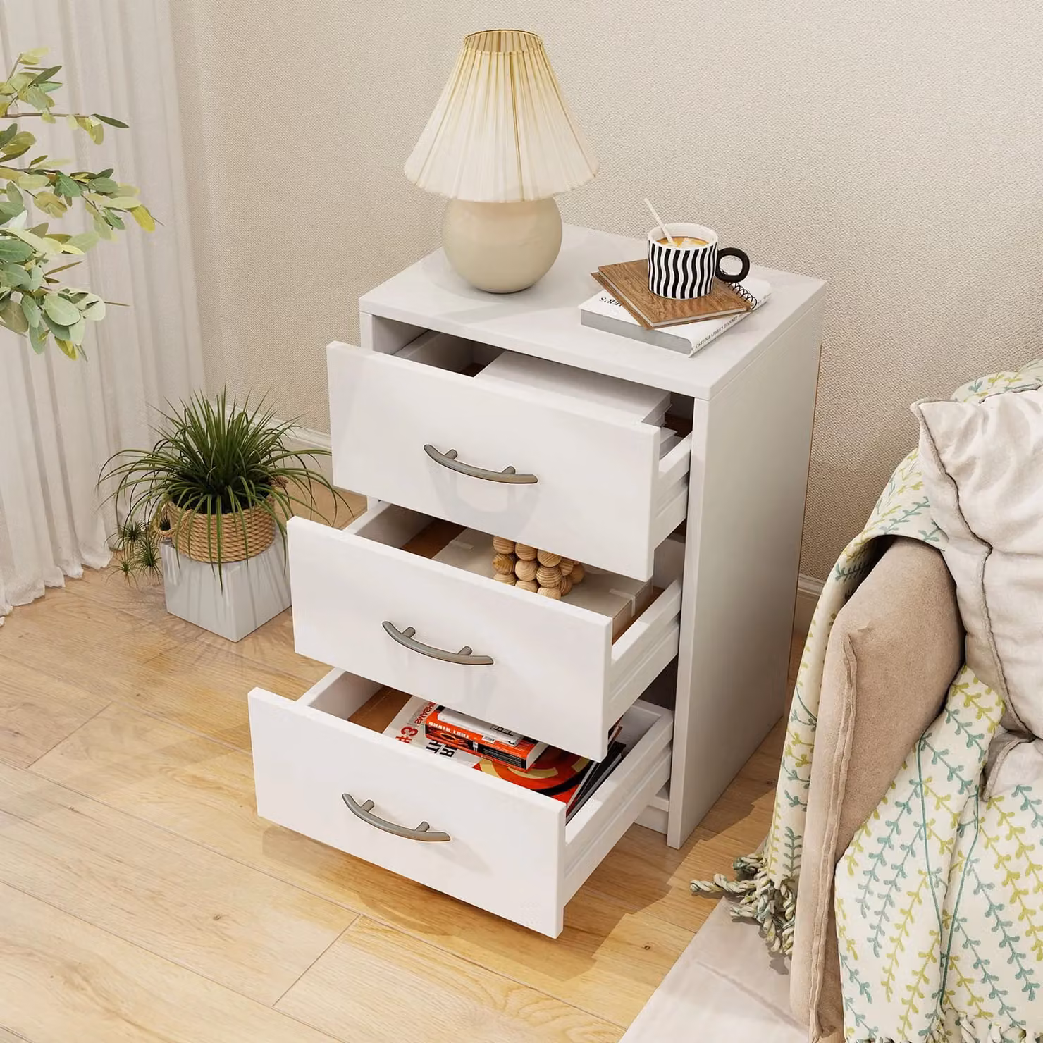 Costway Modern 3-Drawer Nightstand and Bedside Table in White – 2