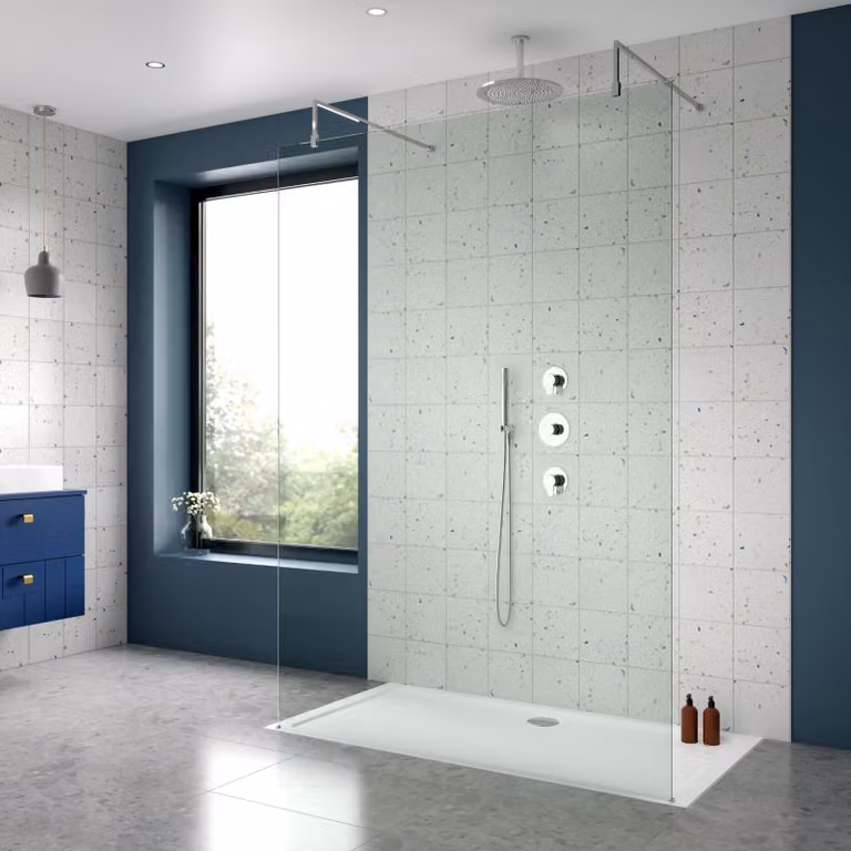 Arvan Modern Round Thermostatic Mixer Shower Set with Sliding Rail, Ceiling Arm and Fixed Head in Chrome