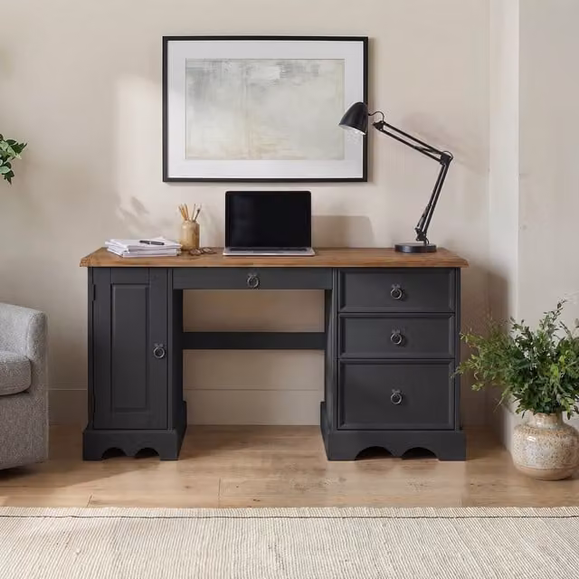 Mercers Furniture Corona Modern Charcoal Grey Pine Wood Computer Desk with Dual Pedestal