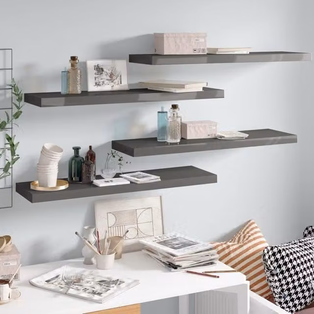 Berkfield Home Set of 4 Floating Wall Shelves in High Gloss Grey, W/D/H: 90 x 23.5 x 4 cm