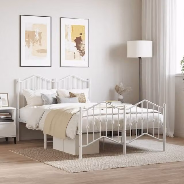 Berkfield Home Metal Bed Frame with Headboard and Footboard in White, W/D/H: 120 x 190 cm Small Double