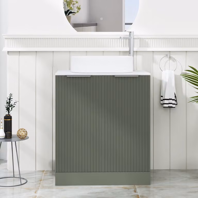 Royal Bathrooms Evora Sage Green Fluted Floor Standing 2 Door Vanity Unit with Lyon Stone Basin, Width: 70 cm