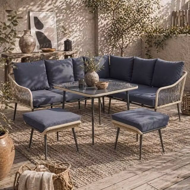 Wyld Haus Vika 7 Seater Dark Grey Rattan Garden Sofa Set with Coffee Table and Stools – 1
