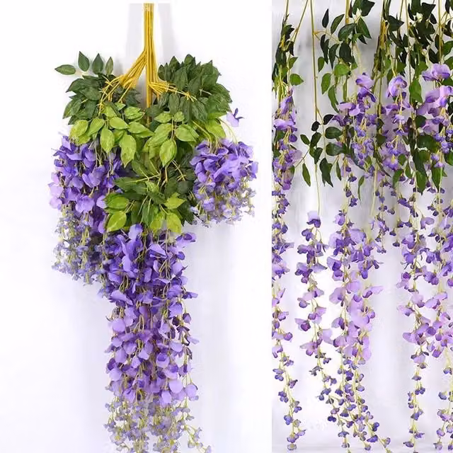 FLAVORA 12-Pack Purple Artificial Silk Wisteria Flower and Ivy Garland Vine for Weddings and Parties – 1