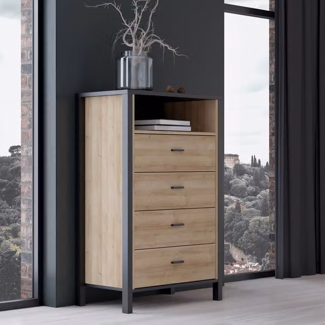 Furniture To Go High Rock Chest of 4 Drawers in Matt Black and Riviera Oak