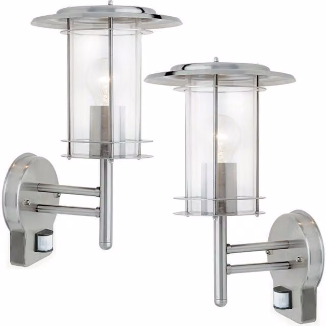 Loops 2 Pack Stainless Steel Outdoor Wall Lanterns with Motion Sensor and Timer in Silver