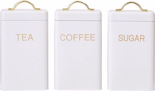 Orsina 3-Piece Tea Coffee Sugar Canister Set in White and Gold, Metal Kitchen Storage Jars, W/D/H: 11.2 x 7.8 x 20.6 cm