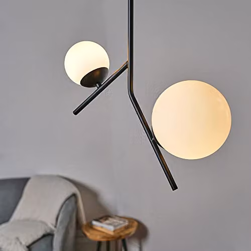 ValueLights Beauworth Modern Black Metal Bar Pendant Light with White Glass Globes – 2