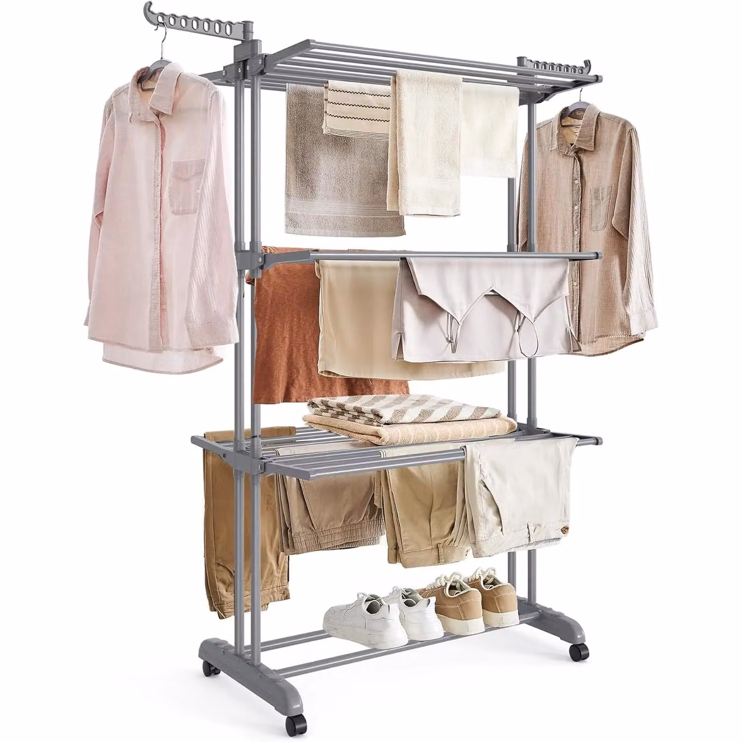 SONGMICS Jumbo 4-Tier Foldable Steel Clothes Airer in Grey – 2