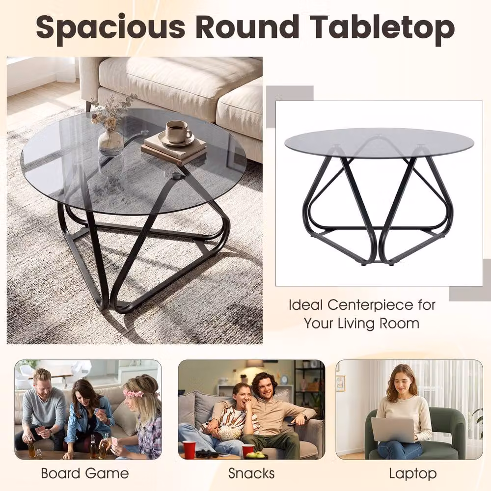Costway Modern Round Tempered Glass Coffee Table in Black and Transparent – 5