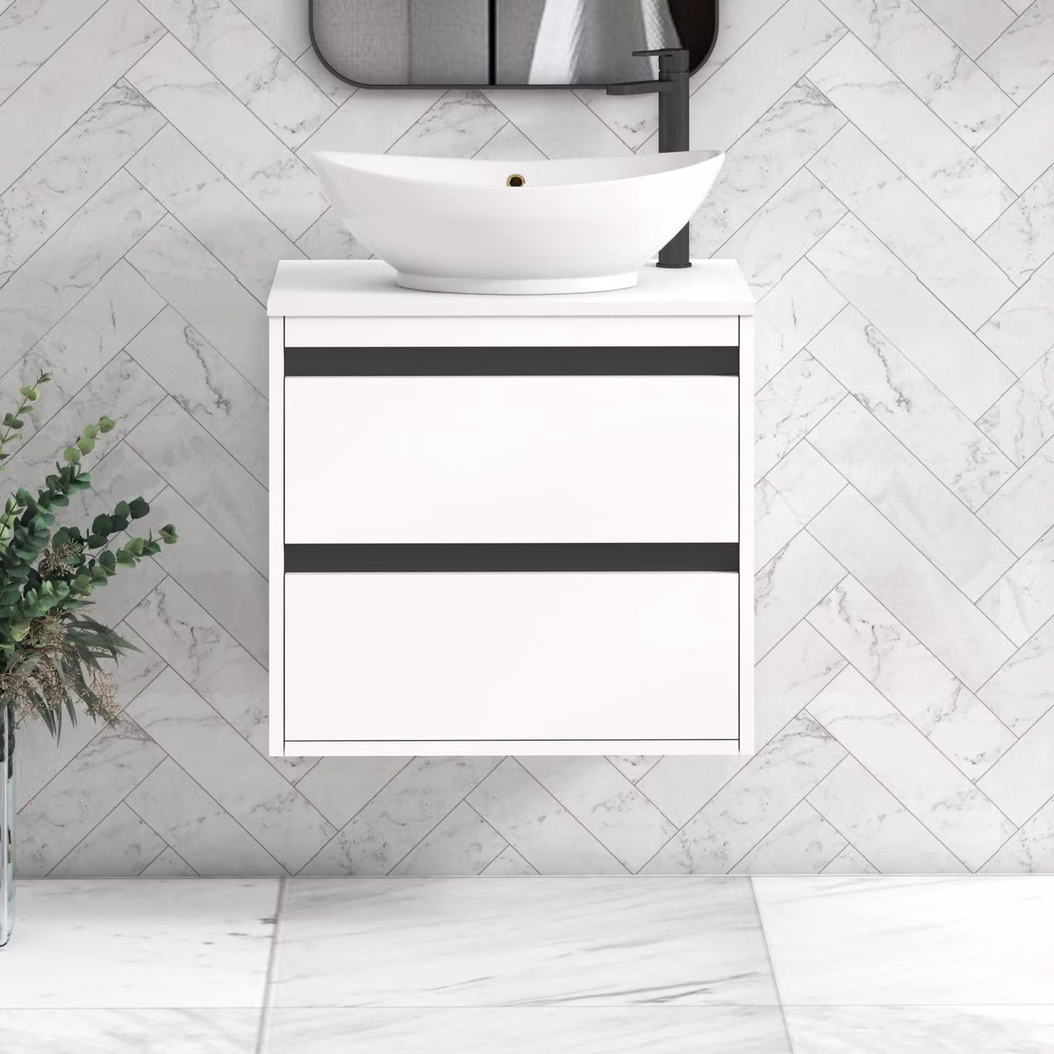 Royal Bathrooms Orion 600mm Matt White Wall Hung 2 Drawer Vanity Unit with Amaze Basin and Black Accent Trim